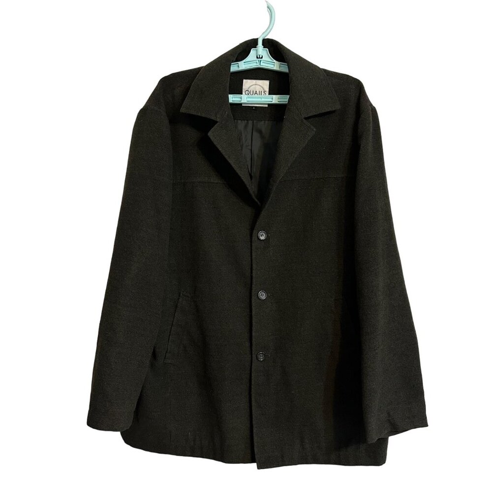 Y2K Pea Coat Quails Dark Gray Lined Men's 2 Exterior 1 Interior Pocket  SZ L